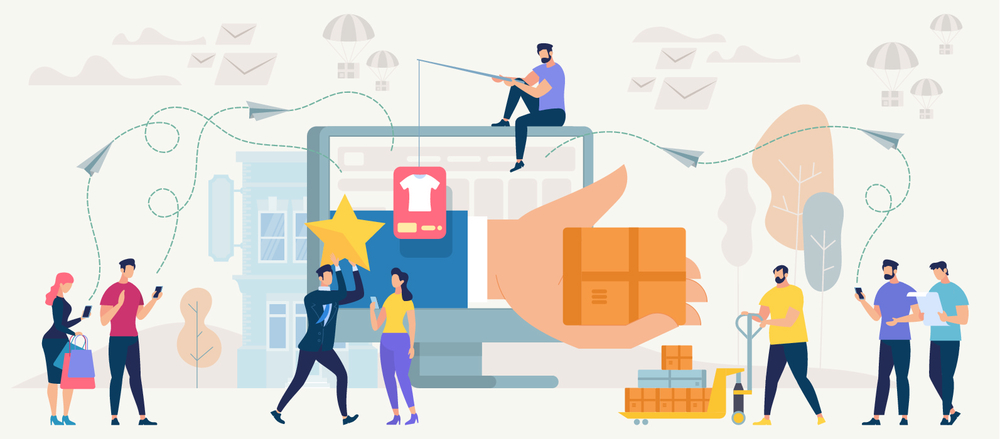 在線購物和交付概念網上商店應用程序營銷中的電子商務銷售數字技術和通信系統購物訂購支付和交付矢量圖在線購物和網絡向量